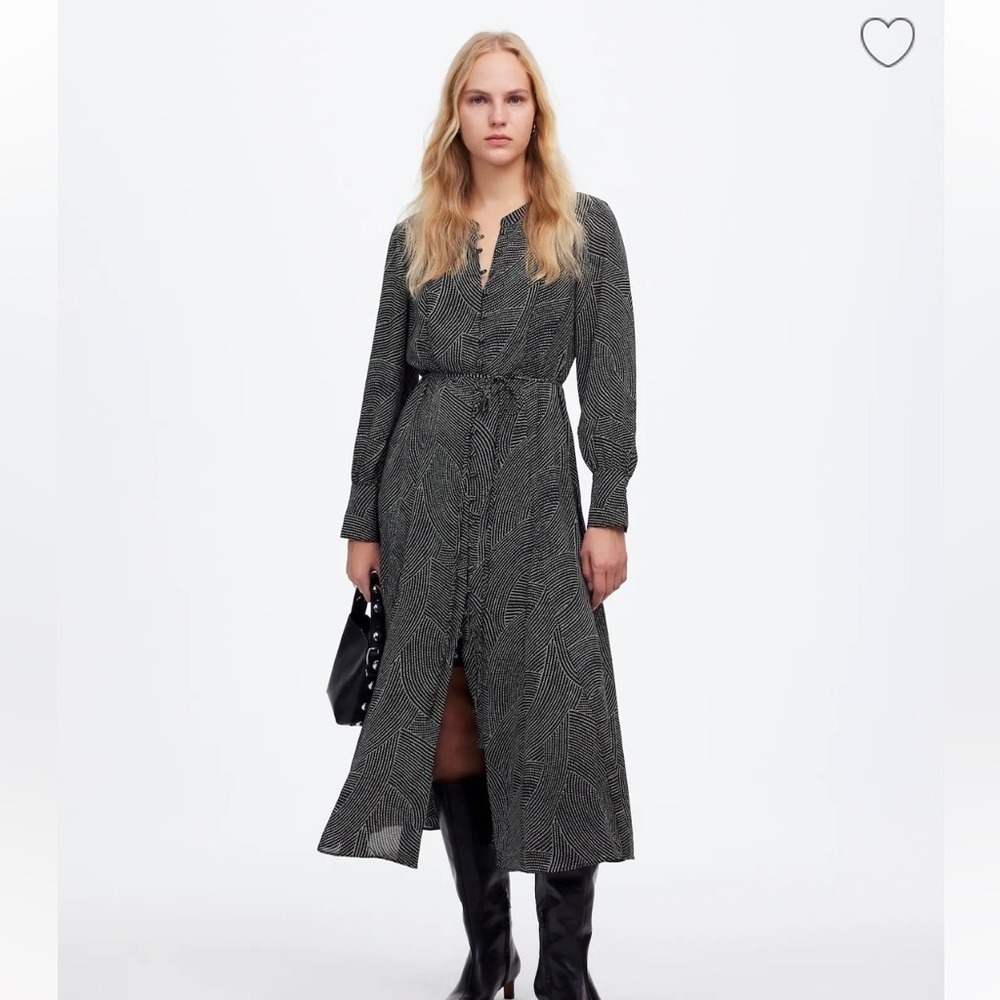 Madewell Tie-Waist‎ Midi Dress in Dot Blouson Shirt Dress Button Down Casual NWT